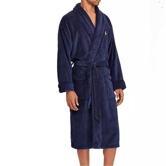 Polo Ralph Lauren Navy Blue Embroidered Gold Pony Plush Bathrobe L/XL EUC - Picture 1 of 8